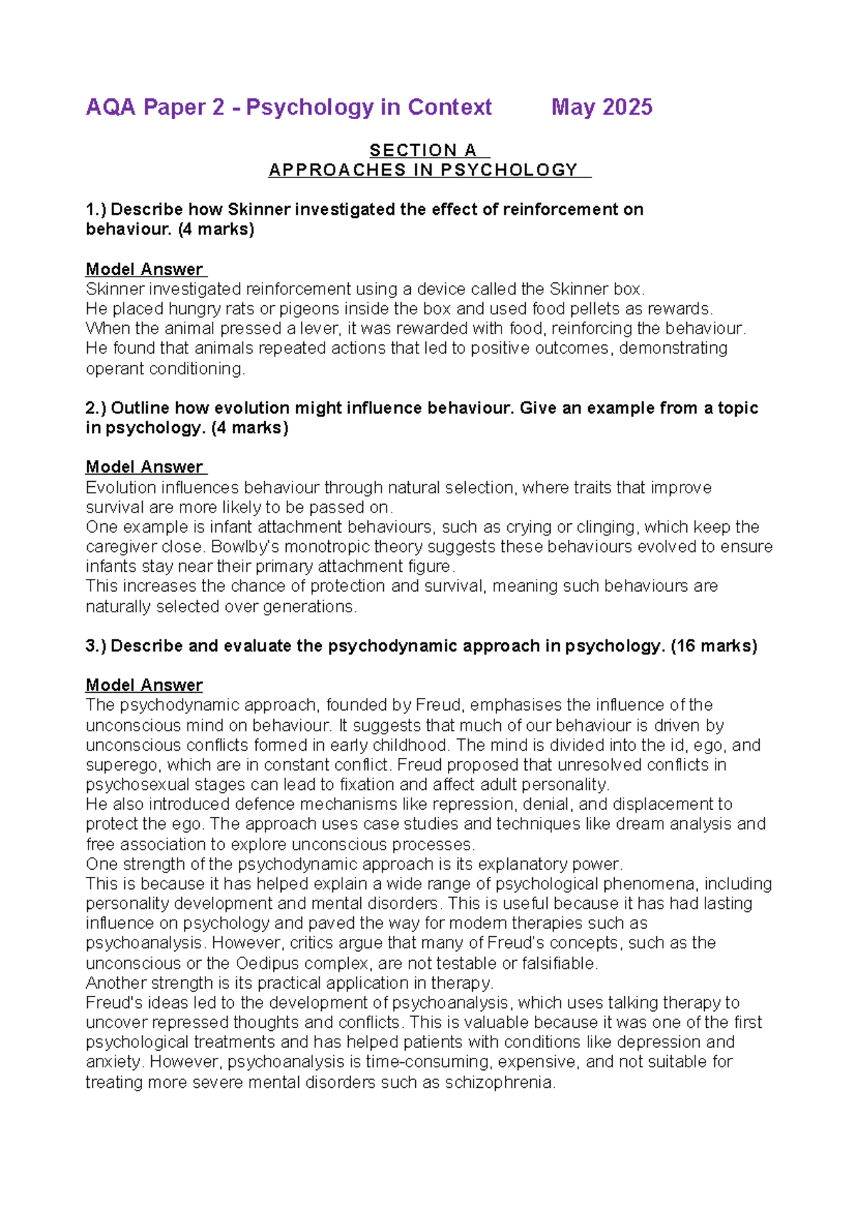 Psych Paper 2 2025: Approaches, Biopsychology, and Issues in Psychology ...
