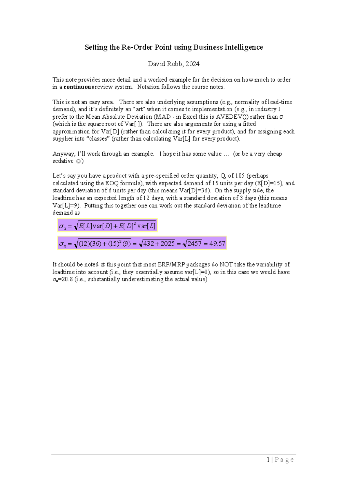 Setting Reorder Points and Safety Stock Through Business Intelligence ...