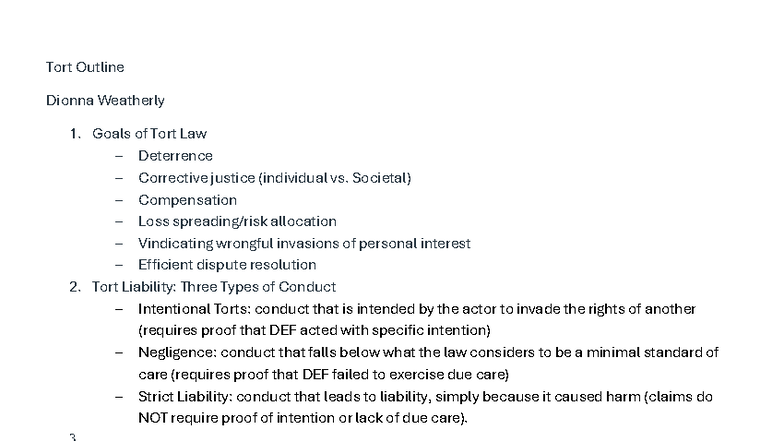 Fall 25 Torts Outline - Key Concepts and Case Law Summary - Studocu