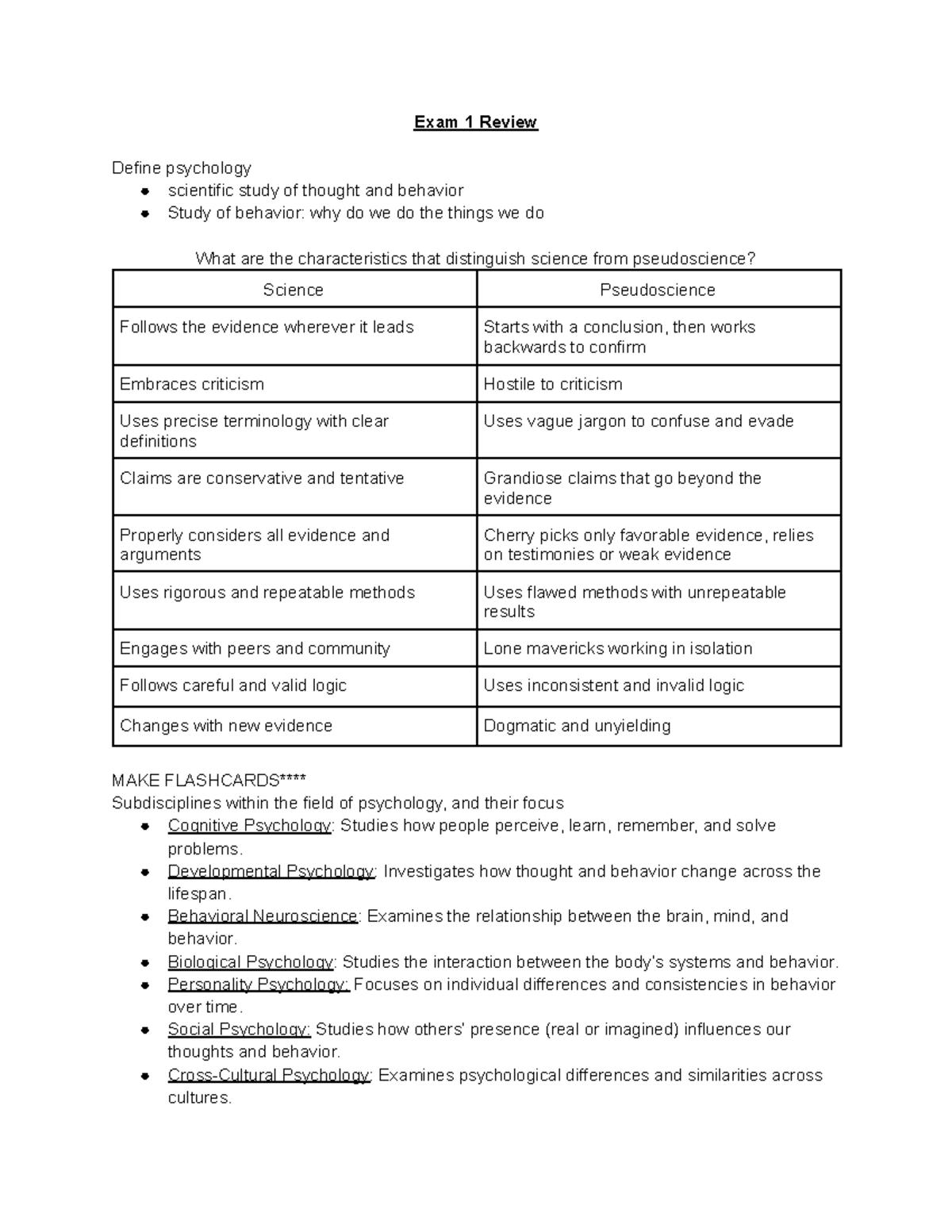 PSYCH 101 Exam 1 Review: Key Concepts and Theories in Psychology - Studocu