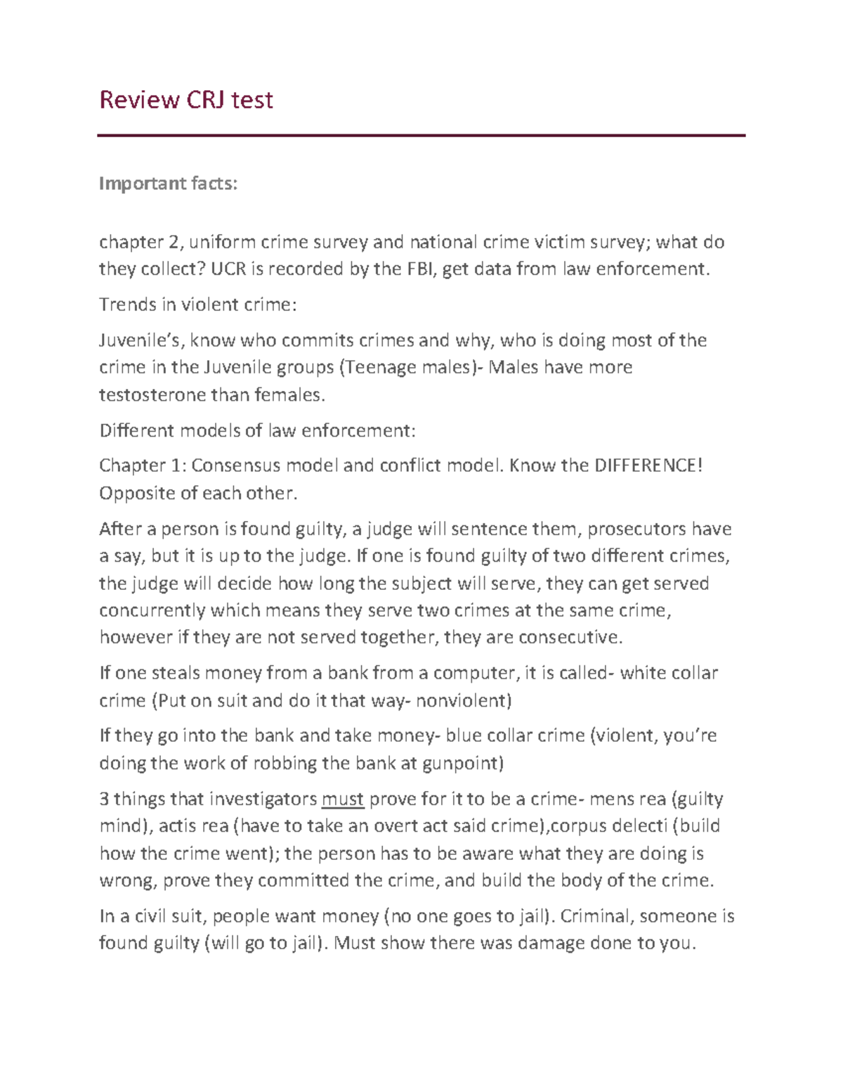 CRJ 101 Review Exam 1: Key Topics from Chapters 1-3 Study Notes - Studocu