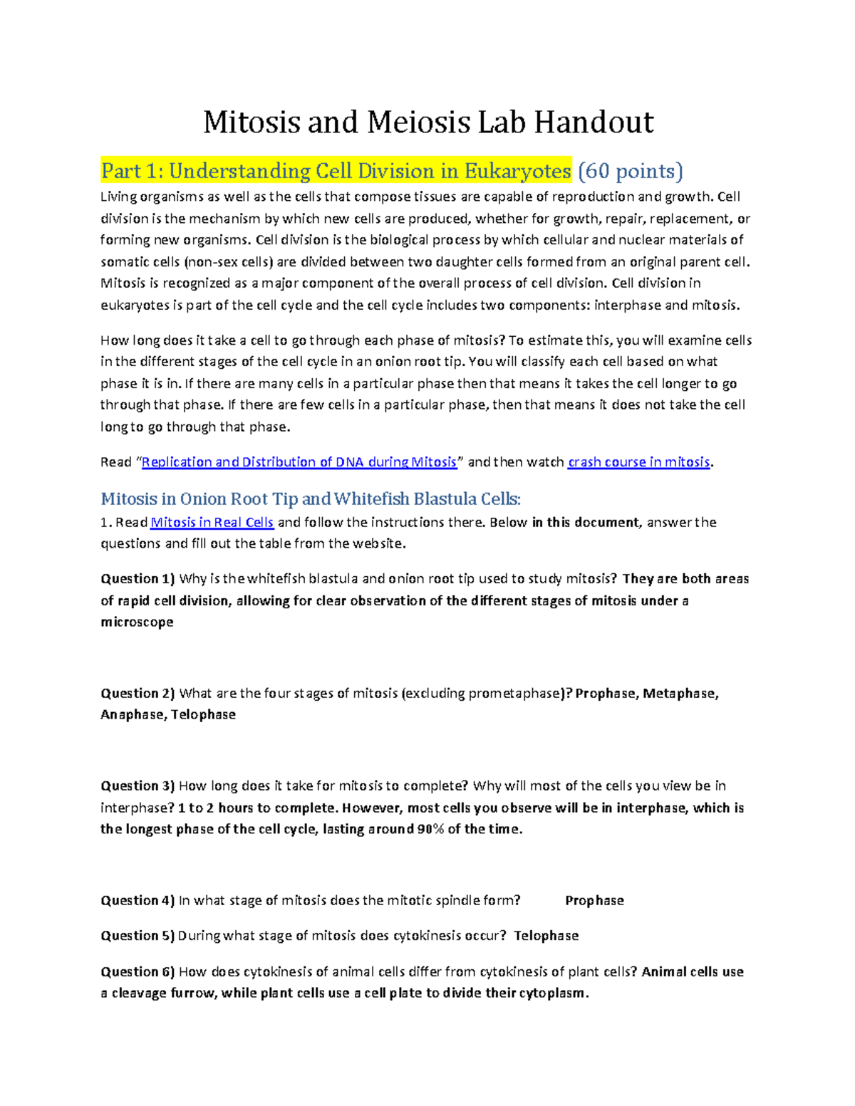 Mitosis and Meiosis Lab Handout: Understanding Cell Division (Fall 2024 ...