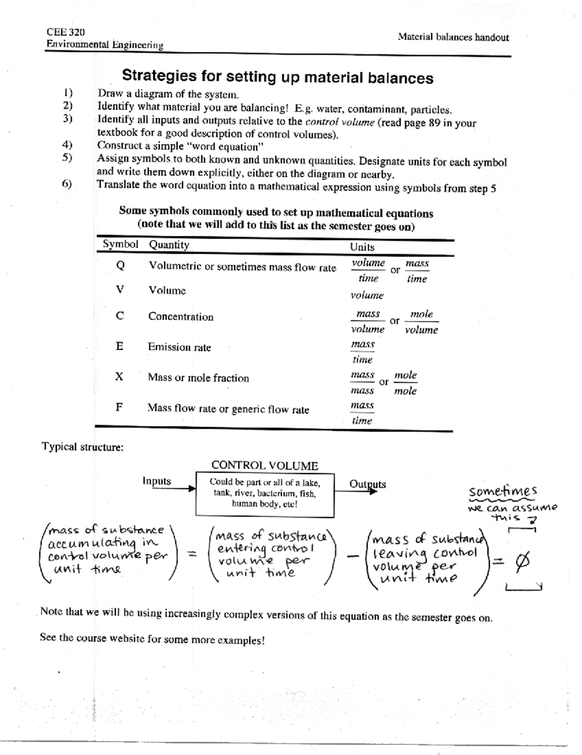 Material Balances Handout for CEE 320: Environmental Engineering - Studocu