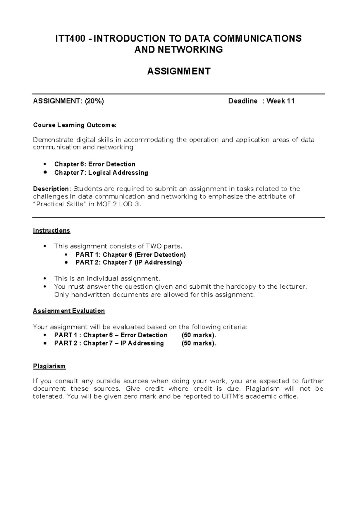 ITT400: Data Communications & Networking Assignment 2024 - Studocu