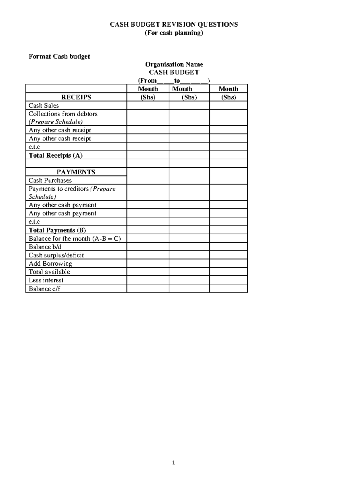 CASH BUDGET REVISION QUESTIONS (CASH Budget Q2) - Studocu
