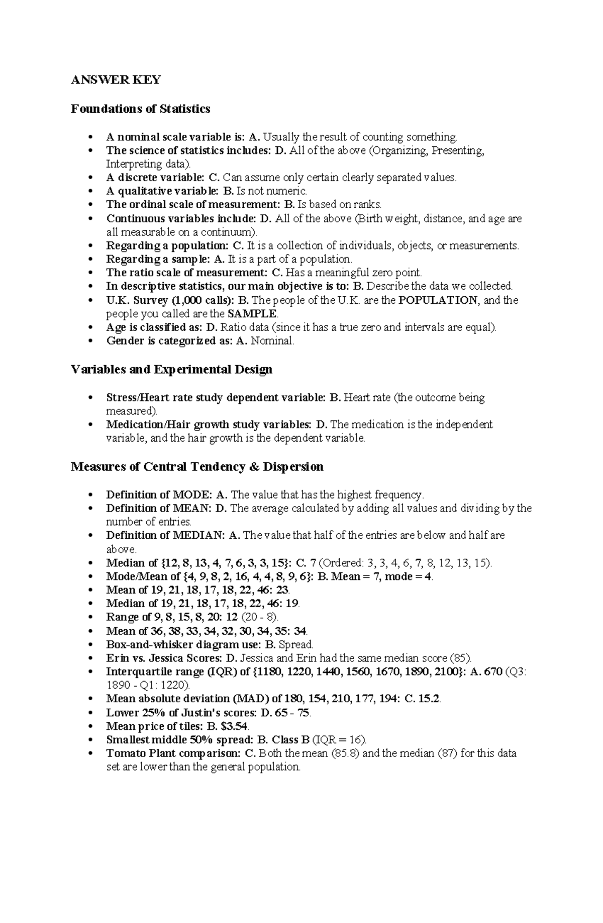 ANSWER KEY Foundations of Statistics - Various Questions - Studocu