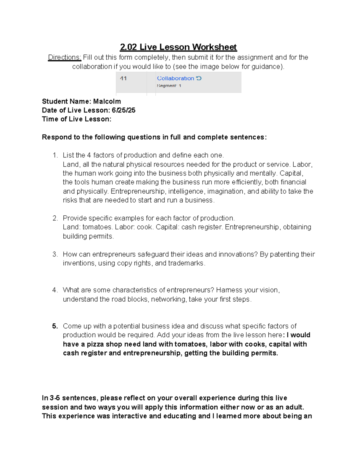 2.02 Econ Live Lesson Worksheet: Factors of Production Explained - Studocu