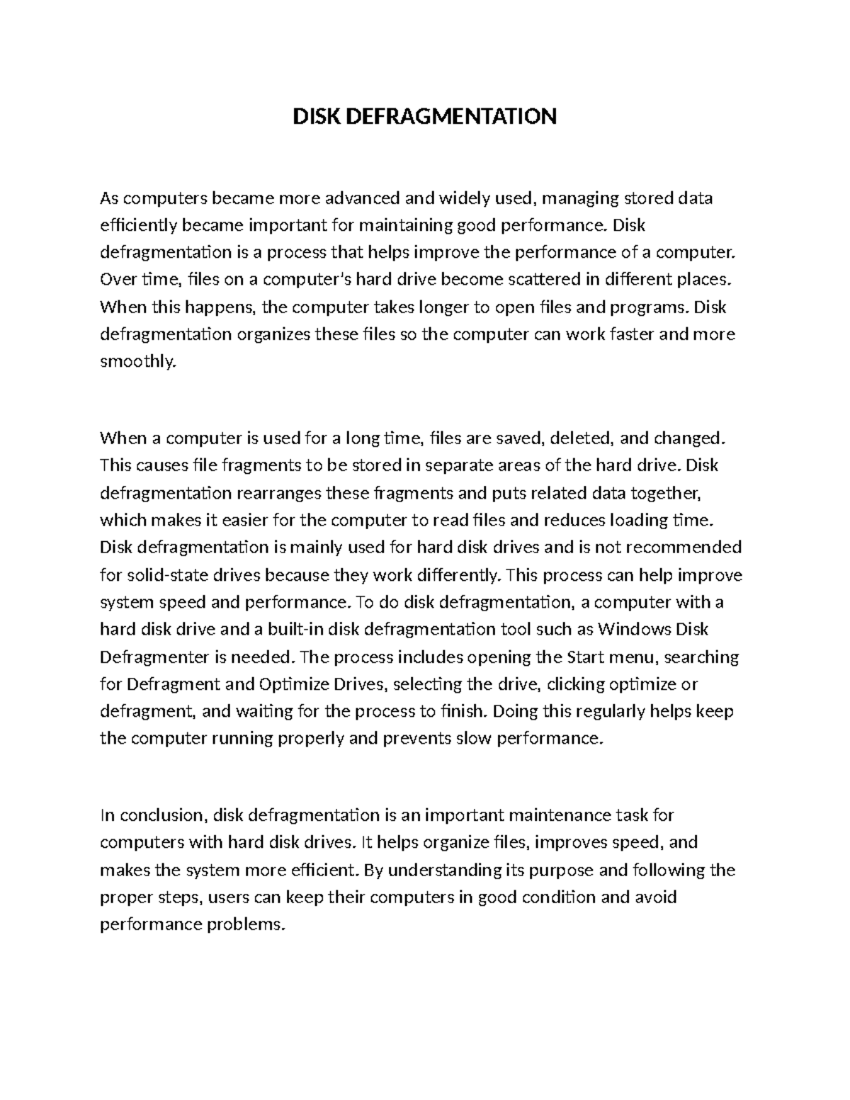 DISK DEFRAGMENTATION: Enhancing Computer Performance - Studocu