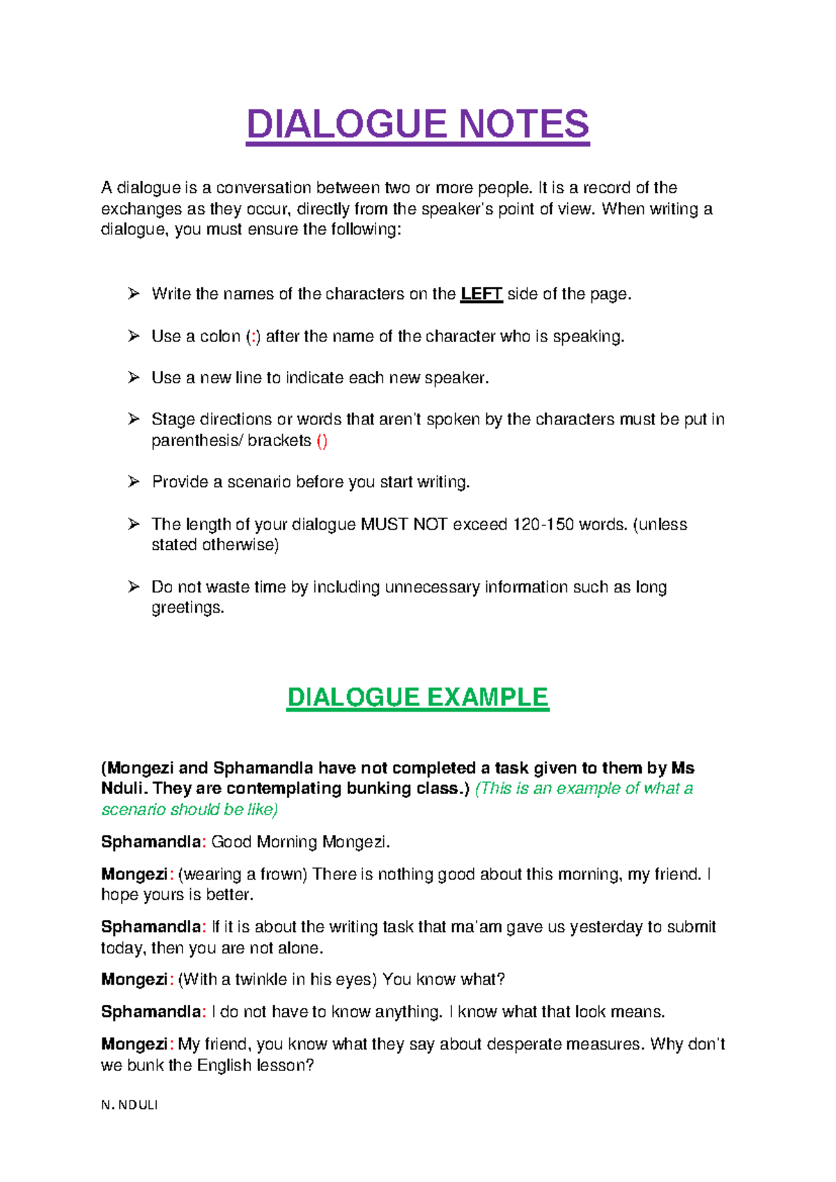DIALOGUE NOTES: Writing Effective Conversations for Project N