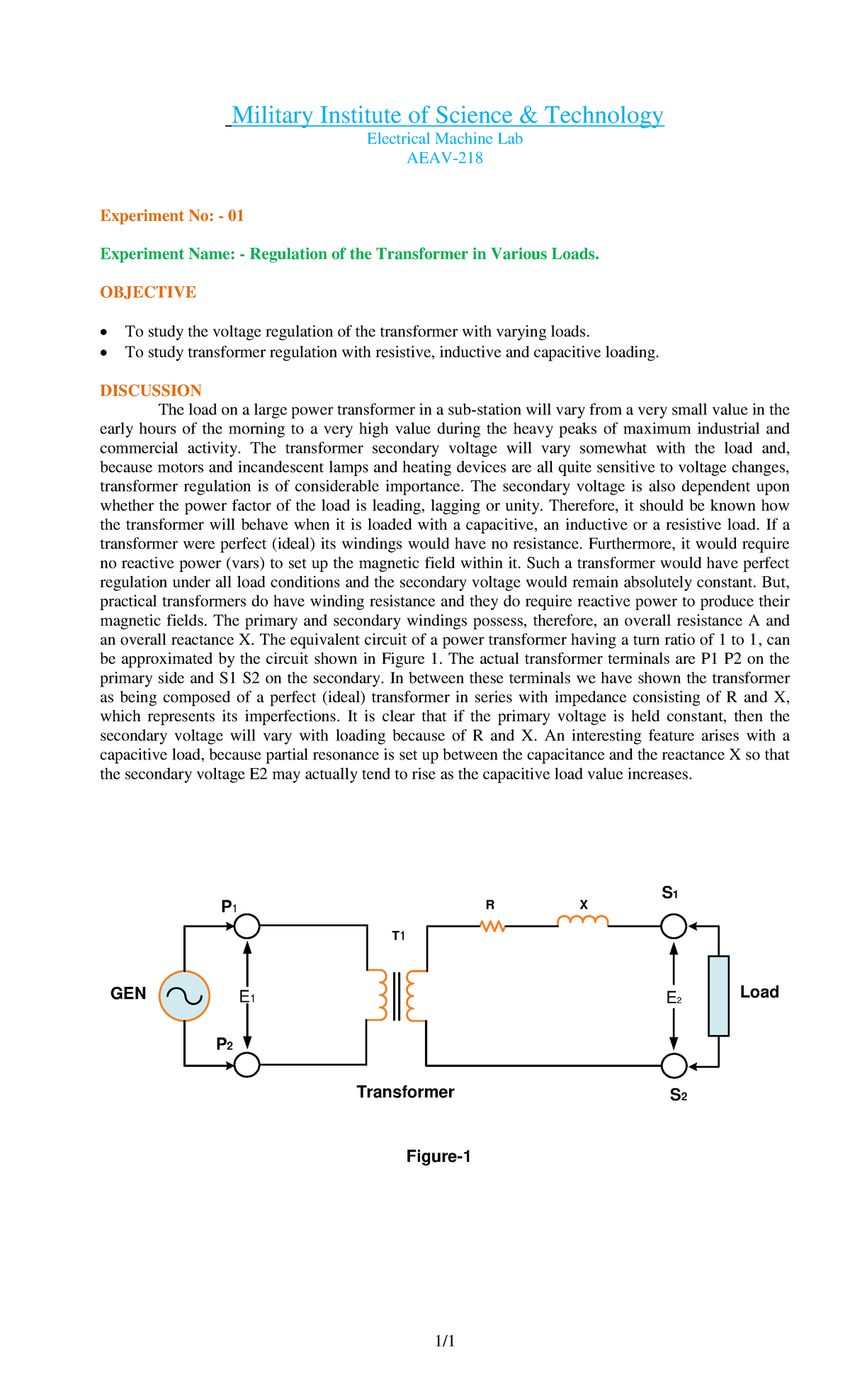 Exp-1: Transformer Regulation Under Varying Loads - Lab Report - Studocu