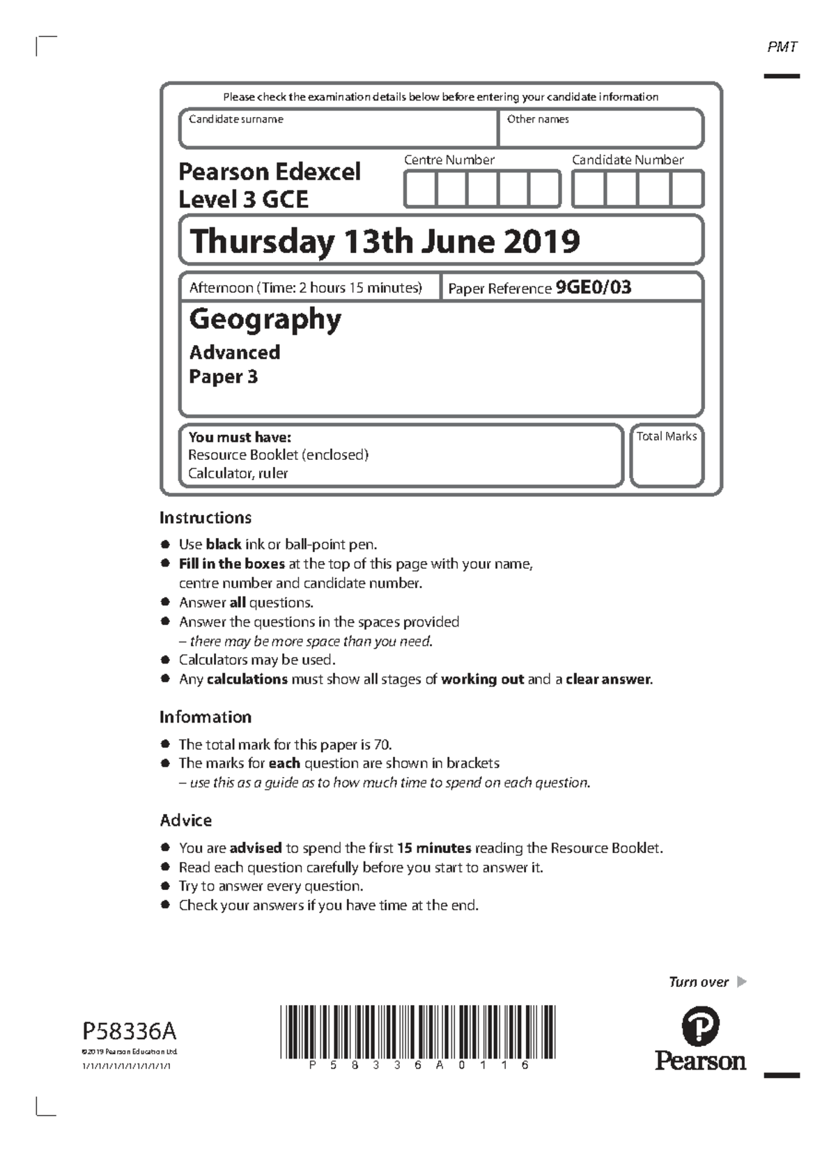 June 2019 Edexcel Geography A-Level Paper 3 Examination Details - Studocu