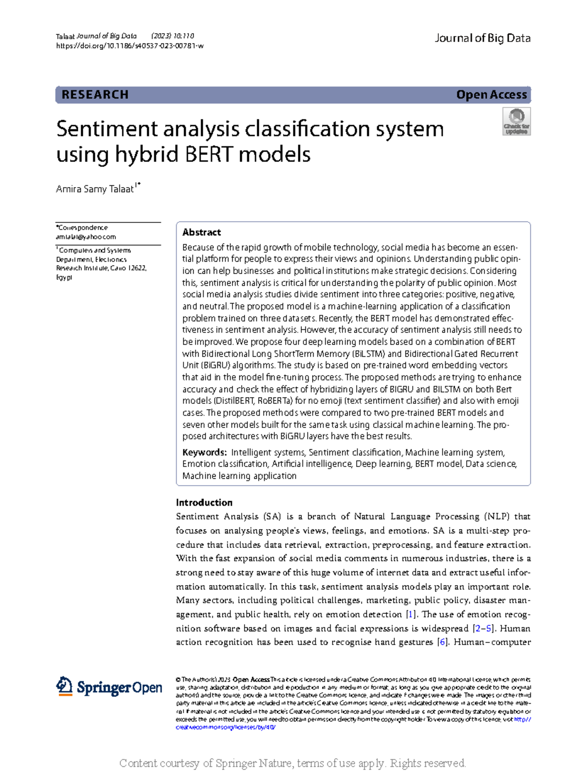 Sentiment Analysis Classification System Using Hybrid BERT Models (2023 ...