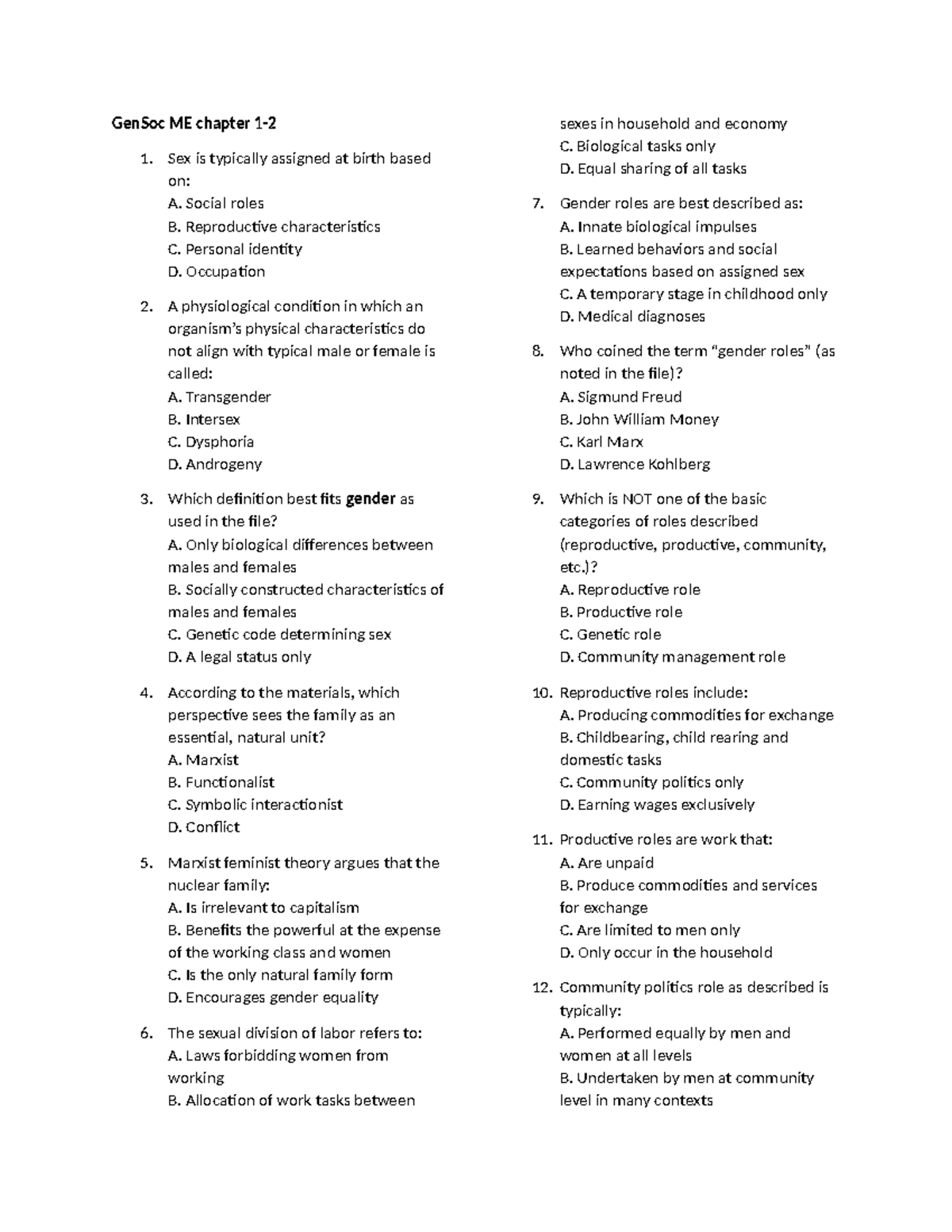GenSoc ME Chapter 1: Multiple Choice Questions on Gender Roles - Studocu