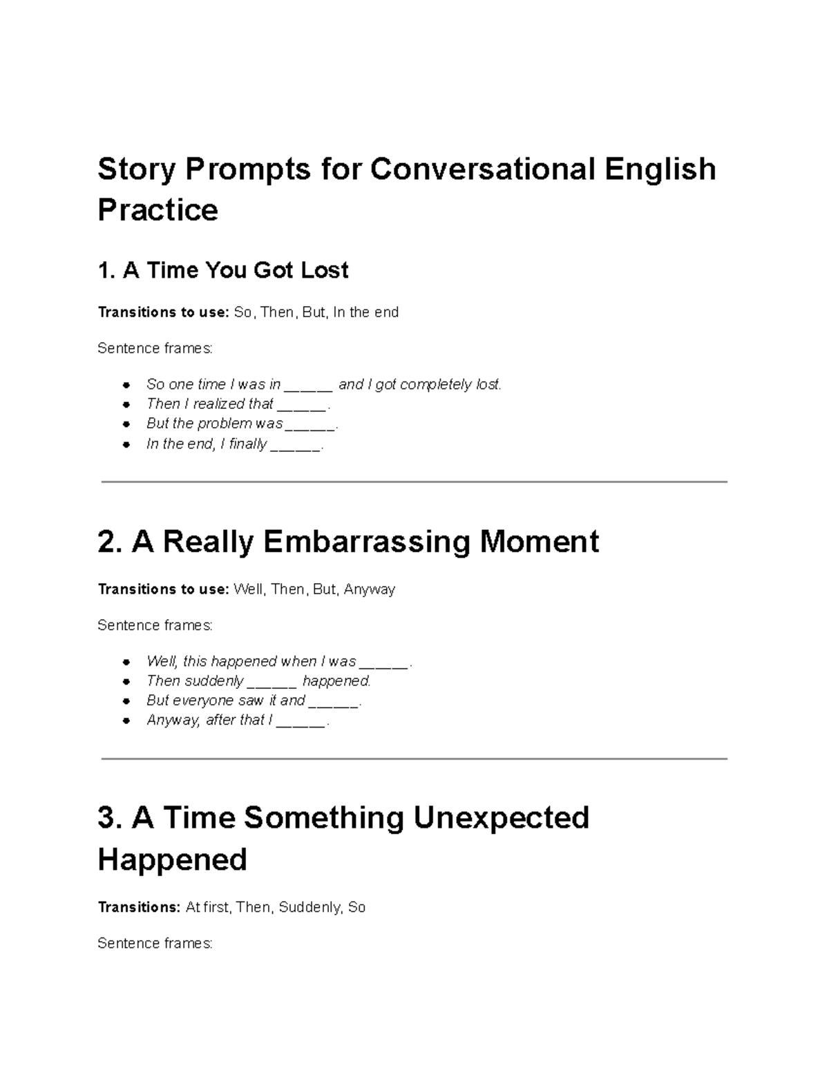 Conversational English Practice: Story Prompts & Sentence Frames - Studocu