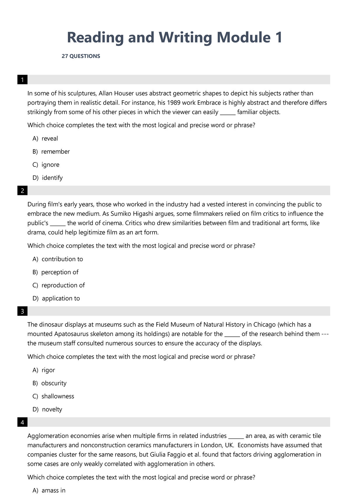 Reading and Writing Module 1: 27 Practice Questions for SAT Preparation ...
