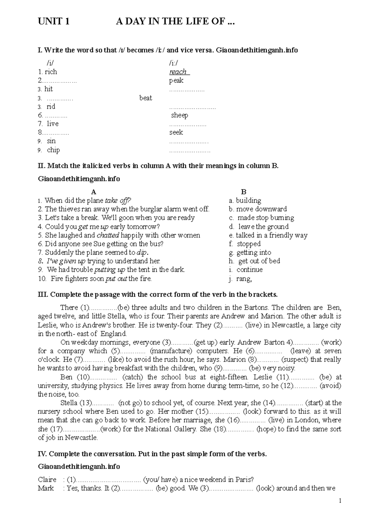 Bài tập tiếng Anh lớp 10 của Mai Lan Hương - UNIT 1 A DAY IN THE LIFE ...