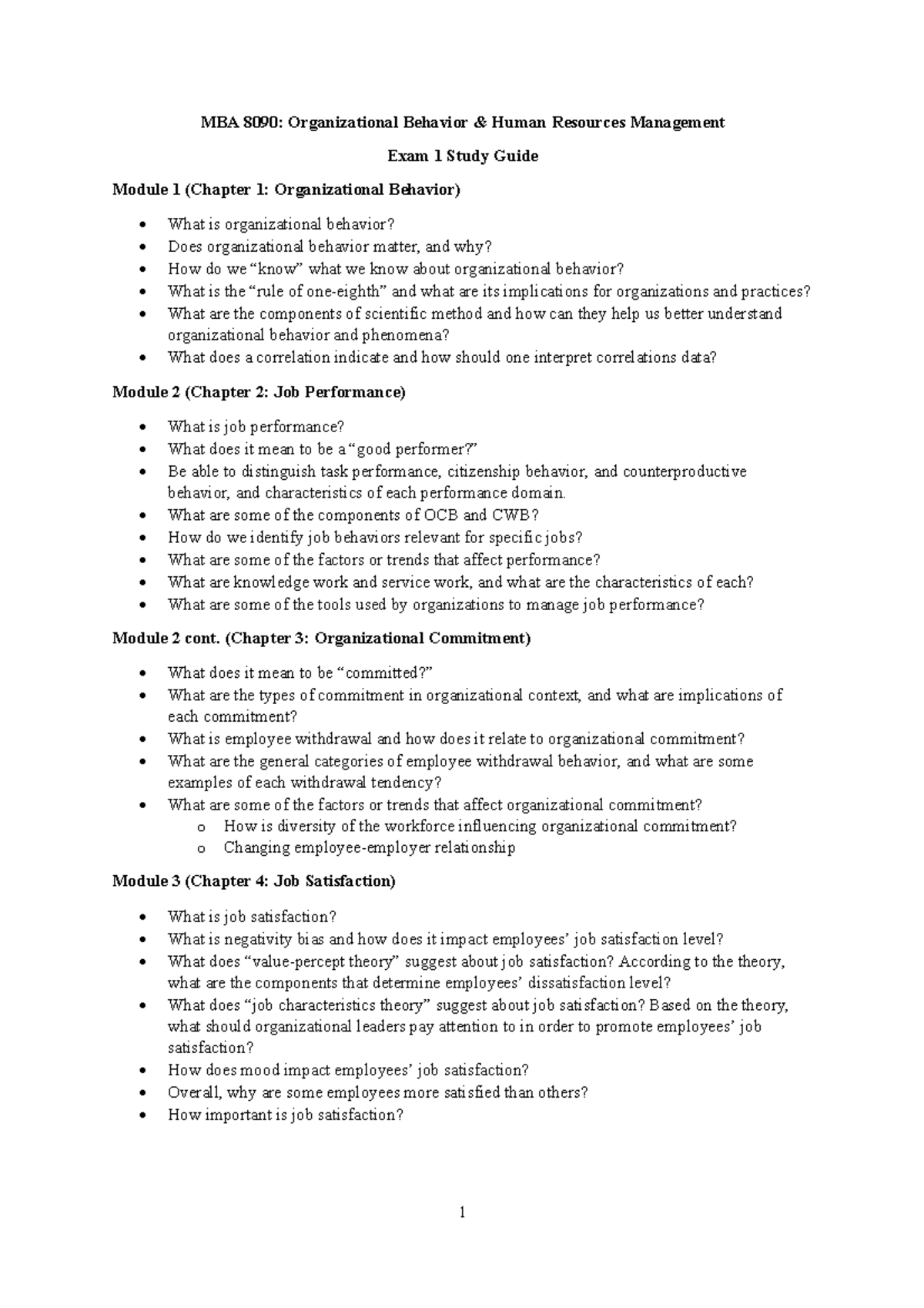 MBA 8090: Organizational Behavior Exam 1 Study Guide & Key Concepts ...