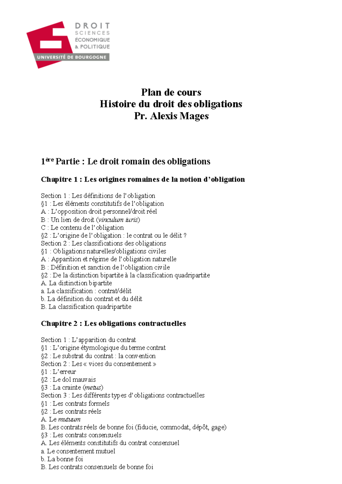 Plan de cours - Plan de cours Histoire du droit des obligations Pr ...