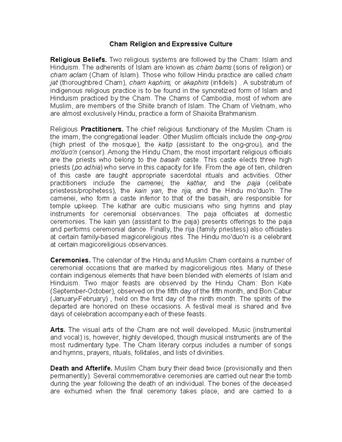 Cham Religion and Expressive Culture: Beliefs and Practices - Studocu