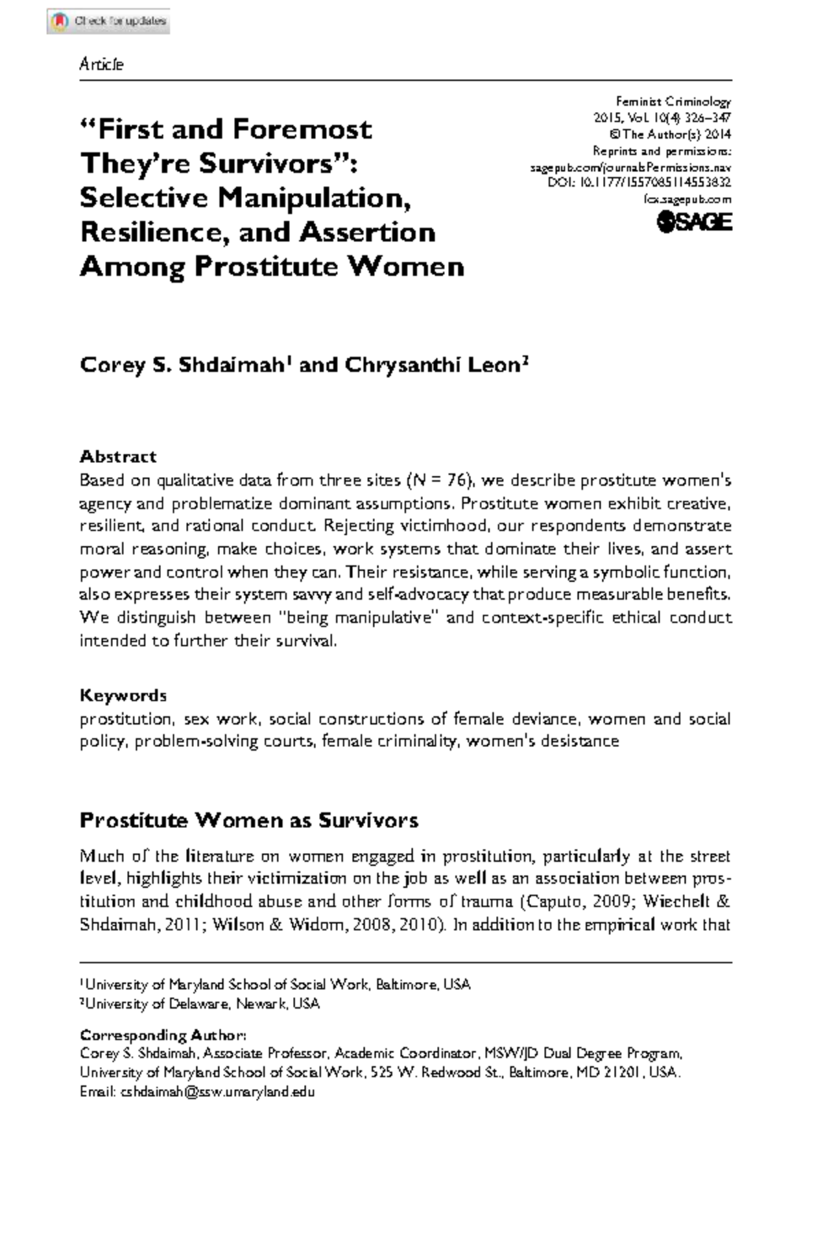 Survival and Agency Among Prostitute Women: Insights from WSW 2015 ...