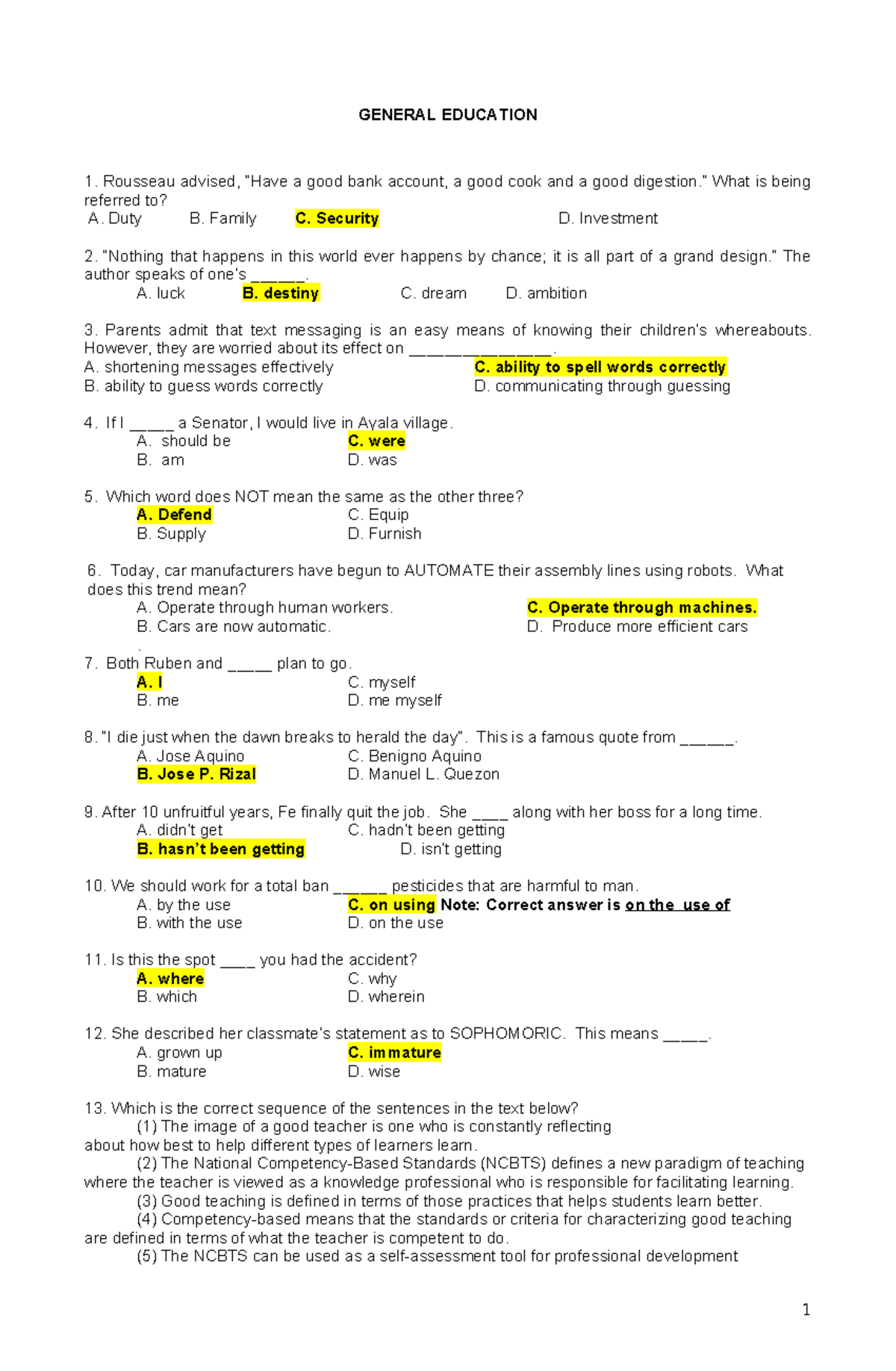 General Education 1: Comprehensive Quiz Answers and Explanations - Studocu
