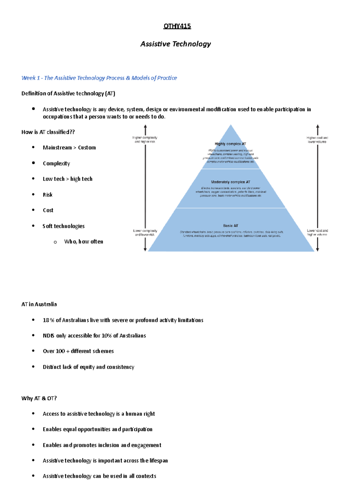 OTHY415 - Assistive Technology Process & Models of Practice Notes - Studocu