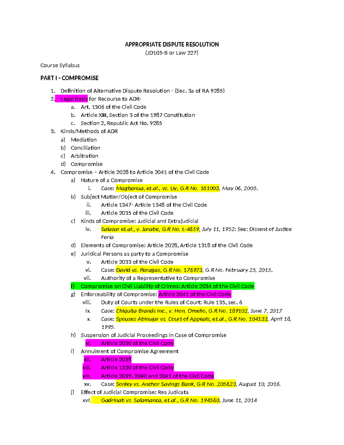Law 227: ADR Syllabus Part I - Summary Notes for Exam - Studocu