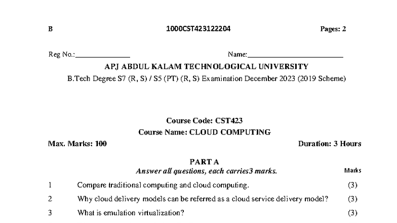 CST423 - Cloud Computing Exam QP - Dec 2023 (2019 Scheme) - Studocu