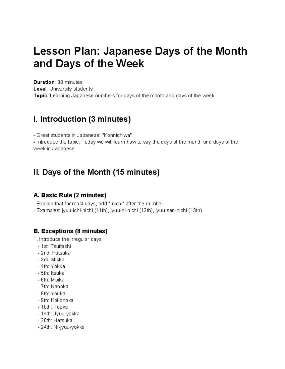Lesson Plan 3 - nihongo might help - Lesson Plan: Japanese Days of the ...