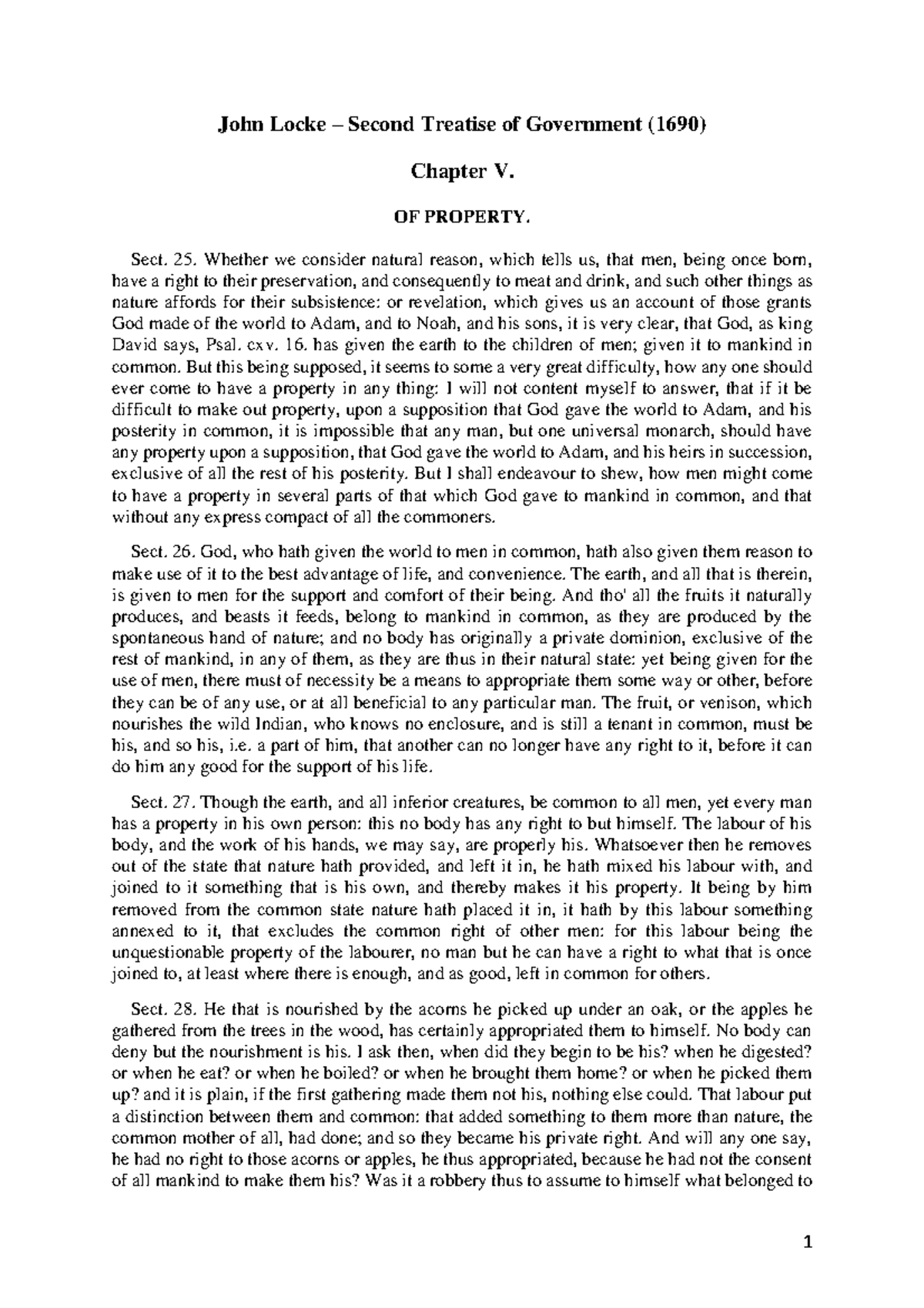 Reading 1. John Locke (1690) Of Property - John Locke – Second Treatise ...