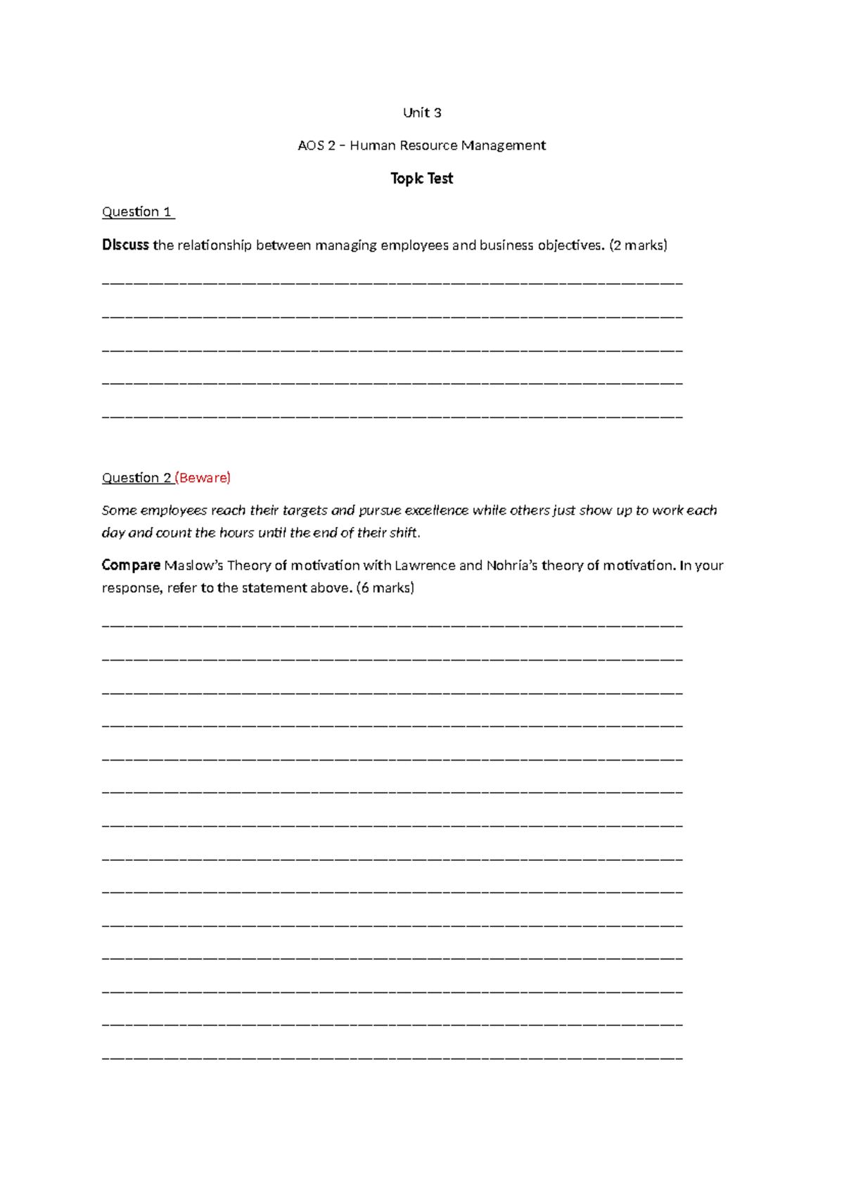 Unit 3 AOS 2 HR Management Topic Test: Employee Motivation & Business ...