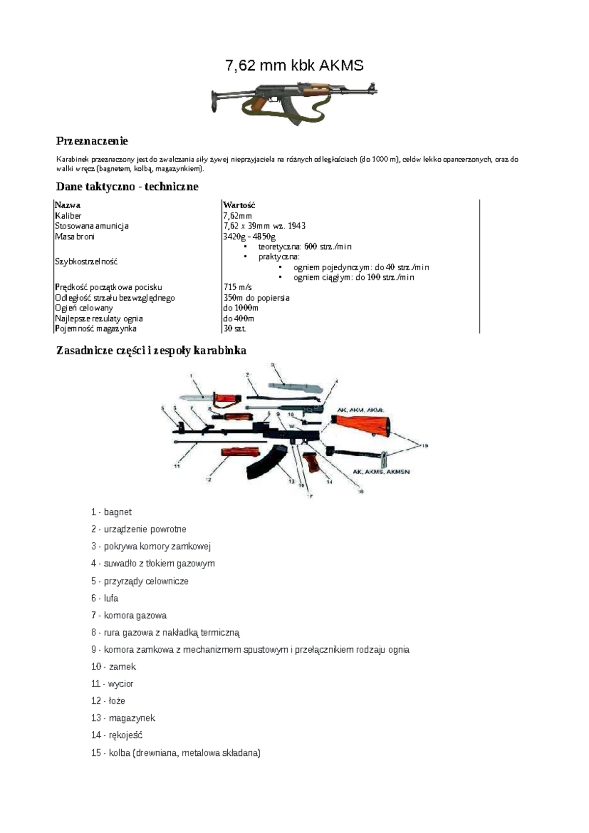 Kbk AKMS - 7,62 mm Karabinek: Przeznaczenie i Dane Tech. - Studocu