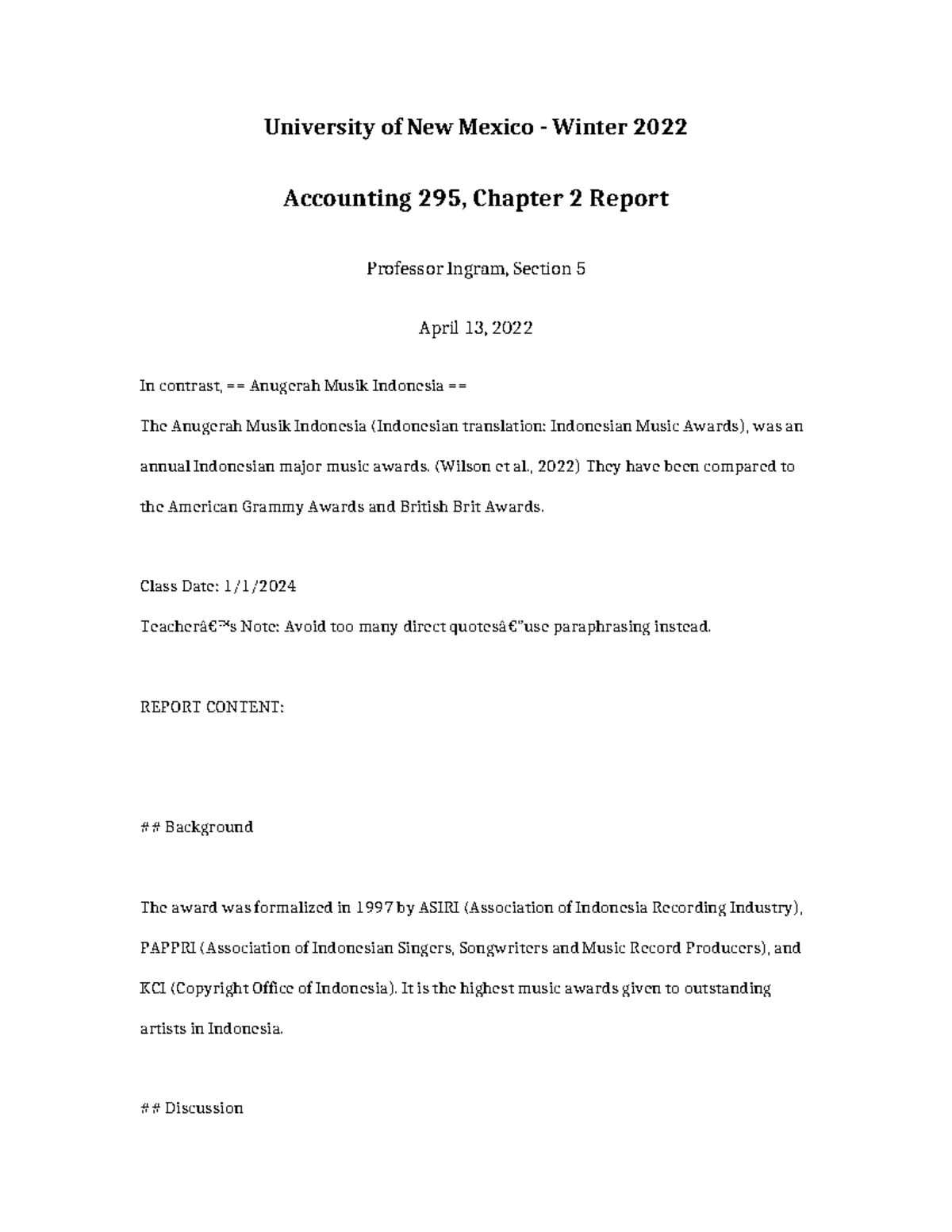 UNM ACC 295 Winter 2022 Chapter 2 Report on Anugerah Musik Indonesia ...