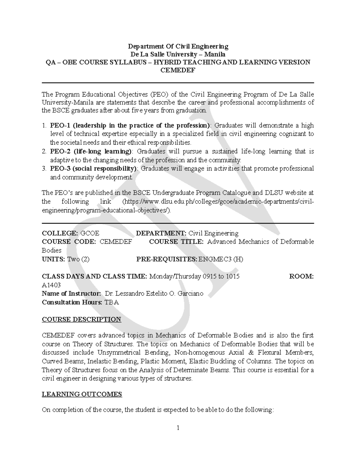 CEMEDEF Course Syllabus: Advanced Mechanics of Deformable Bodies - Studocu
