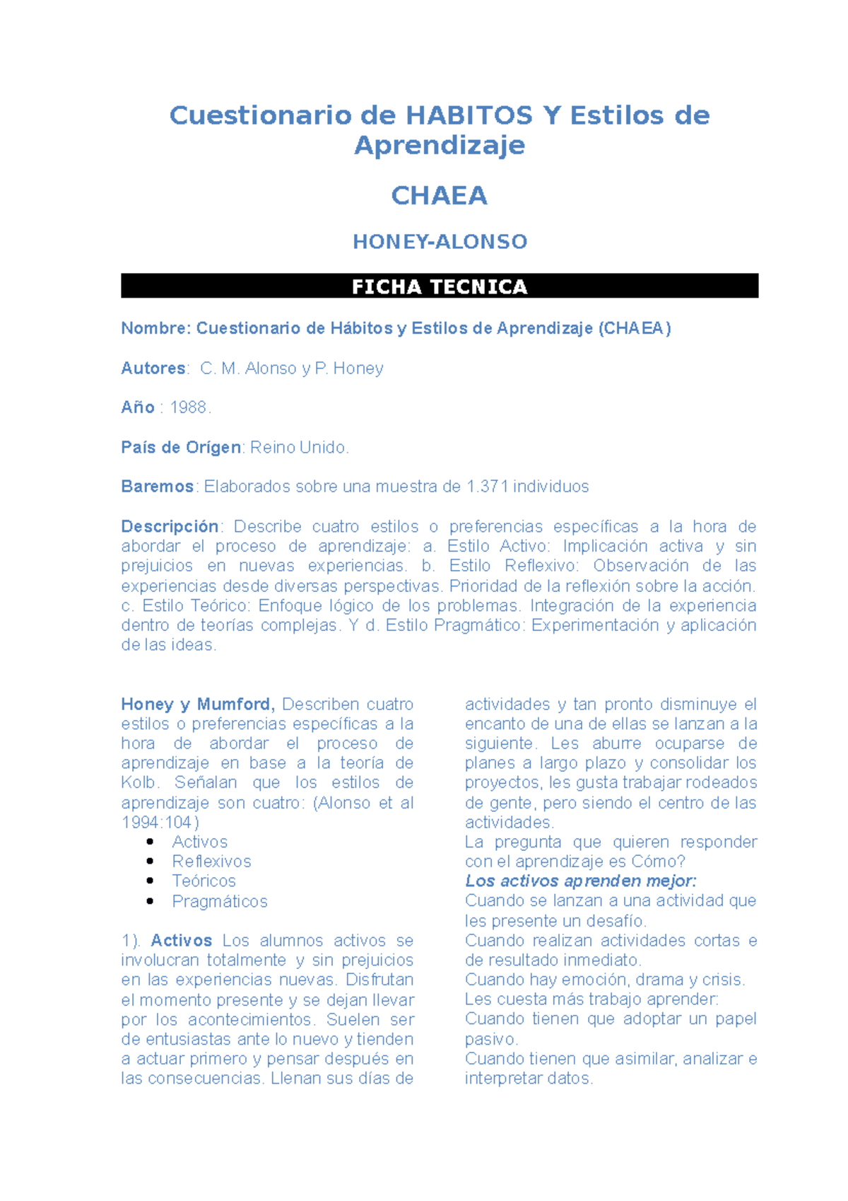 Cuestionario CHAEA: Hábitos y Estilos de Aprendizaje - Studocu