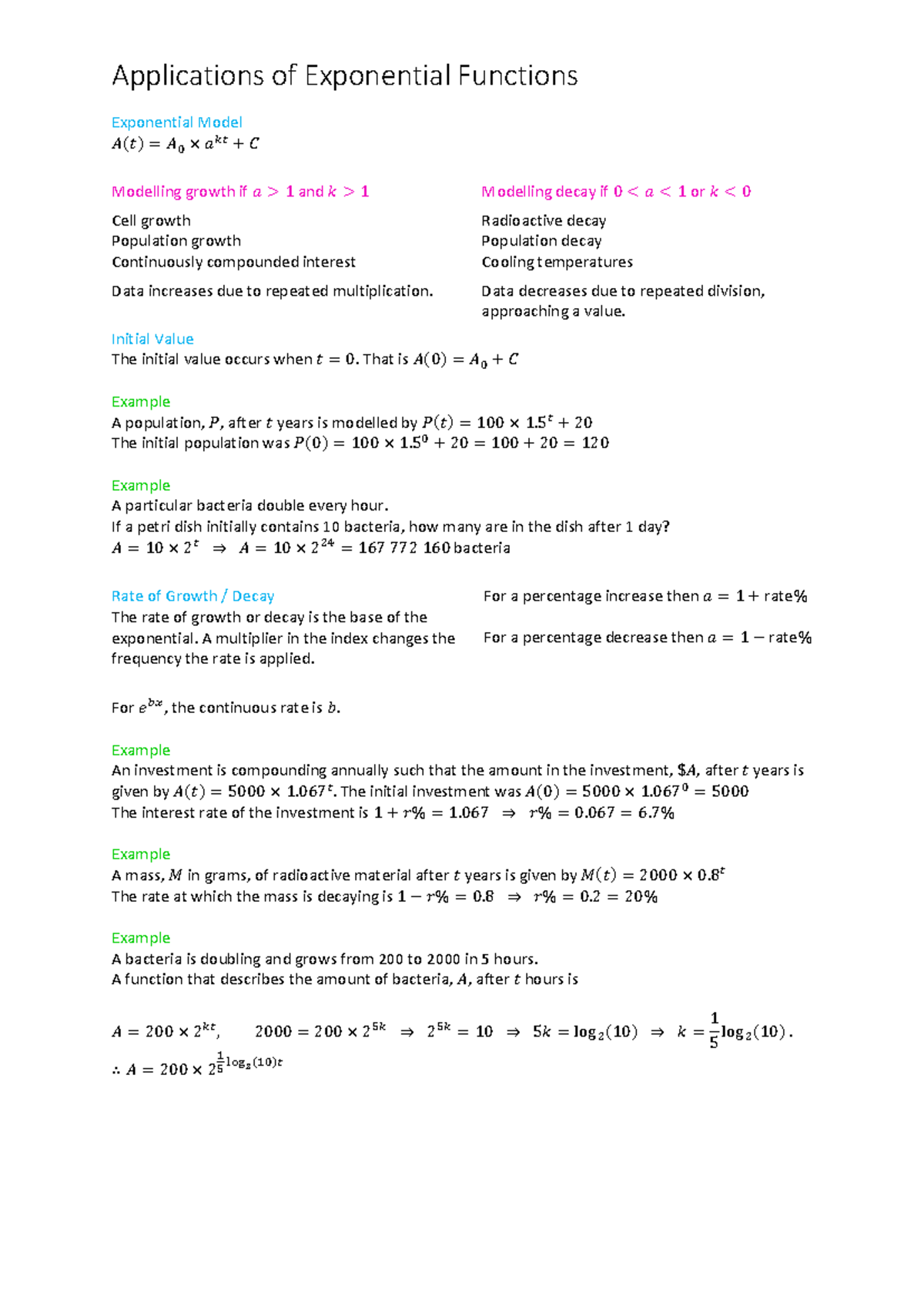 Applications of exponential functions - Exponential Model 𝐴(𝑡) = 𝐴଴ × 𝑎 ...