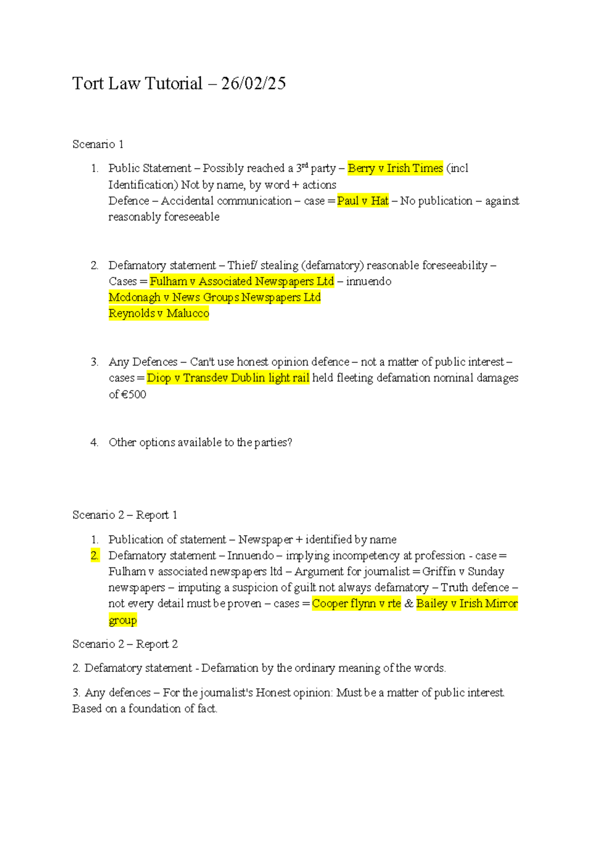 Tort law tutorial - defamation scenarios and case analysis - Studocu