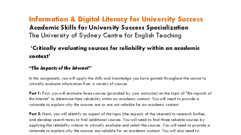 Information and Digital Literacy summative assessment overview ...