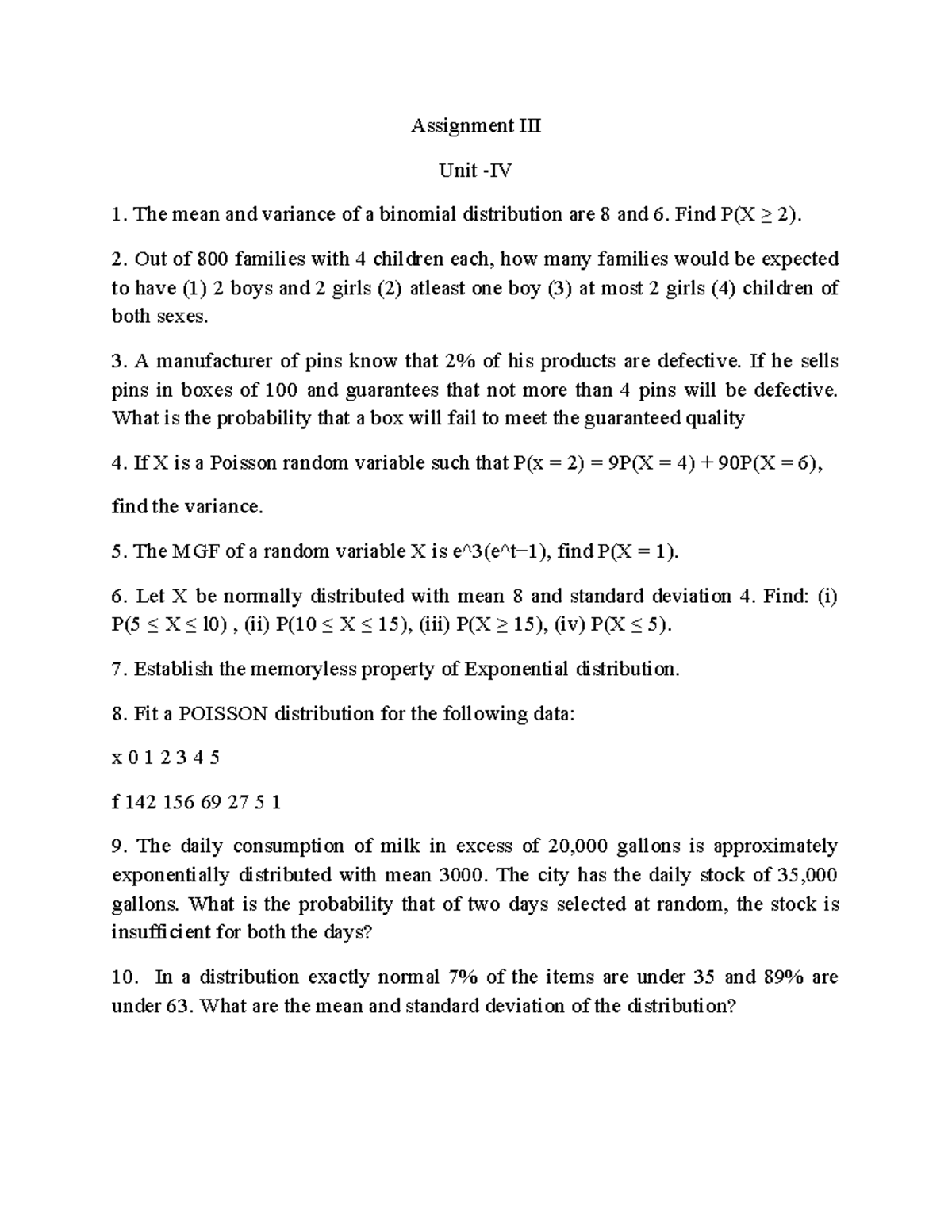 Statistical Analysis Assignment III - Unit IV (Probability ...