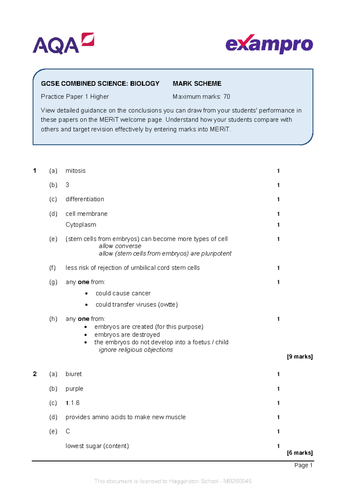 GCSE Trilogy Biology 1H Mark Scheme Practice Paper 1 - Studocu