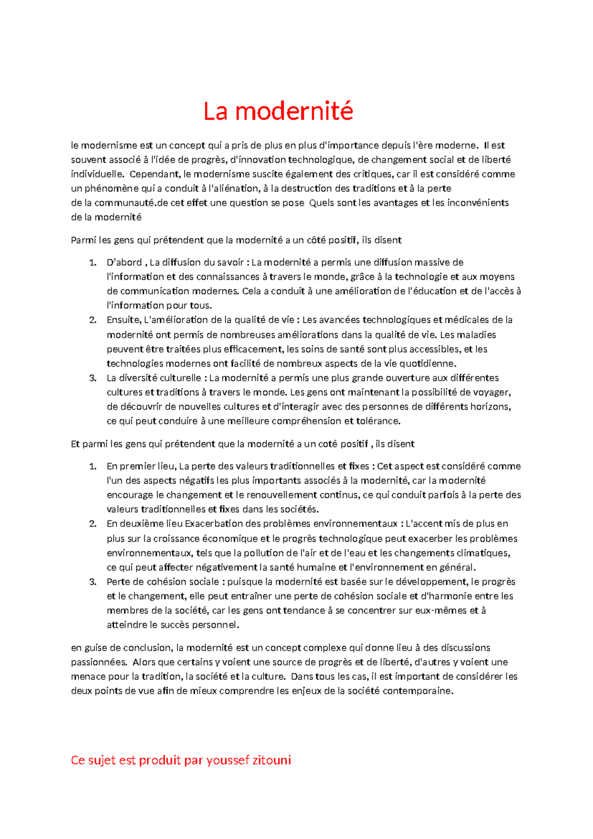 La modernité : Avantages et Inconvénients - Étude approfondie - Studocu