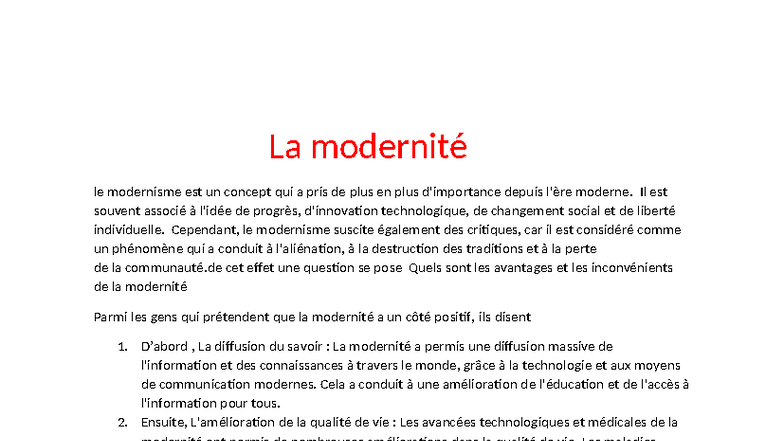 La modernité : Avantages et Inconvénients - Étude approfondie - Studocu