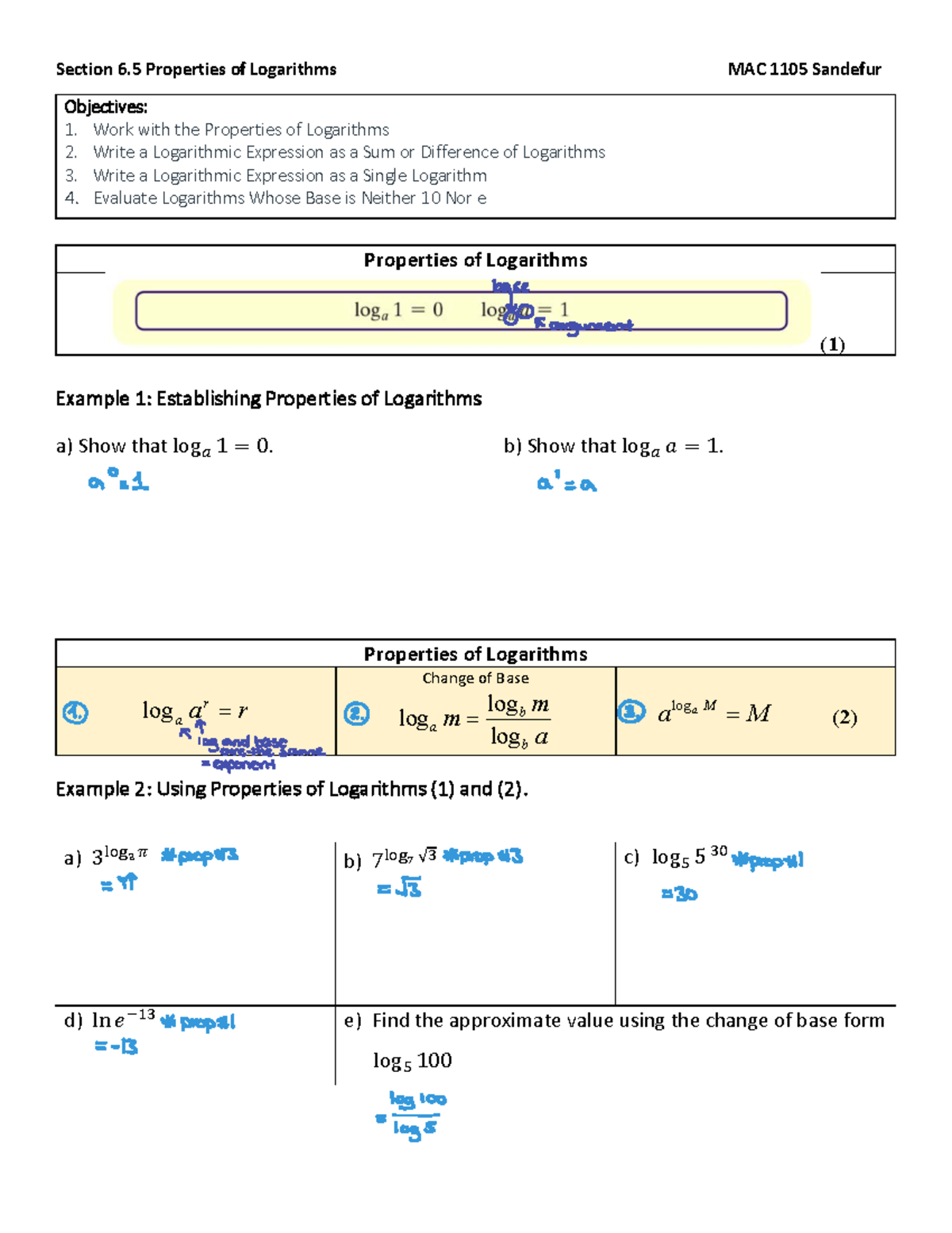 Unit VI 6.5 guided notes (PROP OF LOG) - Section 6 Properties of ...