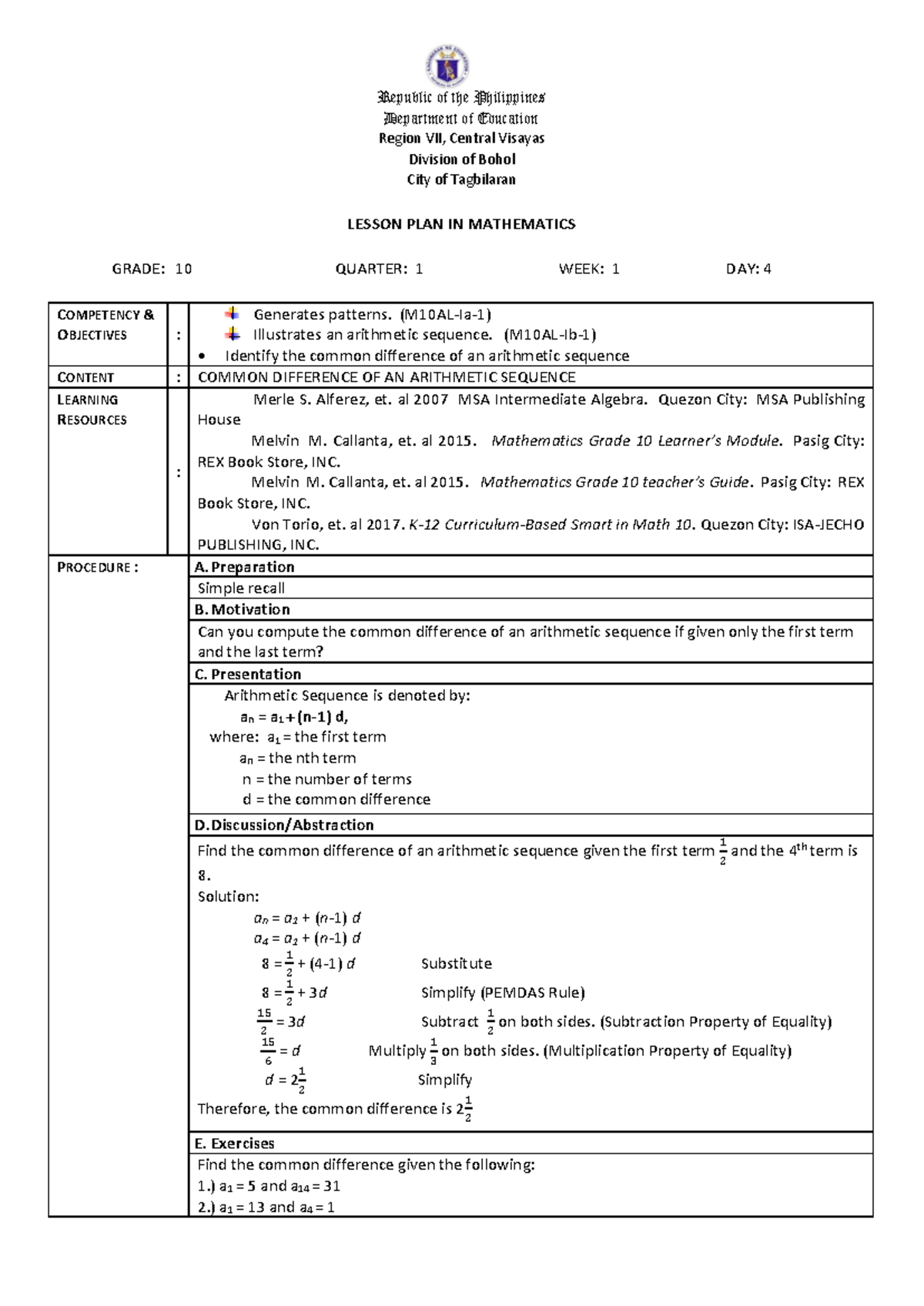 Math10 Q1 Lesson Plan Day 4: Exploring Arithmetic Sequences - Studocu