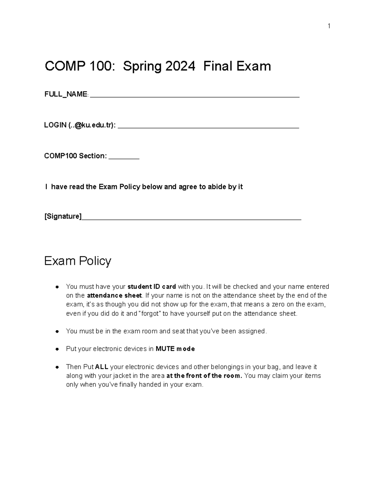 COMP 100: Spring 2024 Final Exam Guidelines and Policies - Studocu