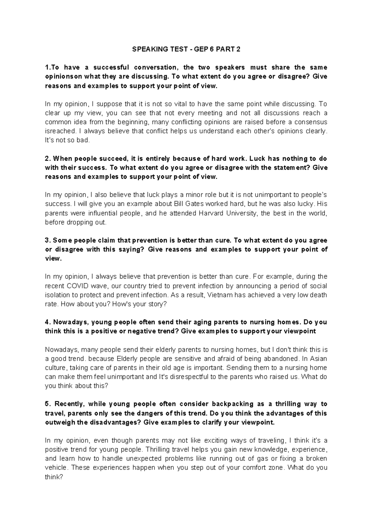 GEP 6 Speaking Test Part 2: Opinion and Discussion Topics - Studocu