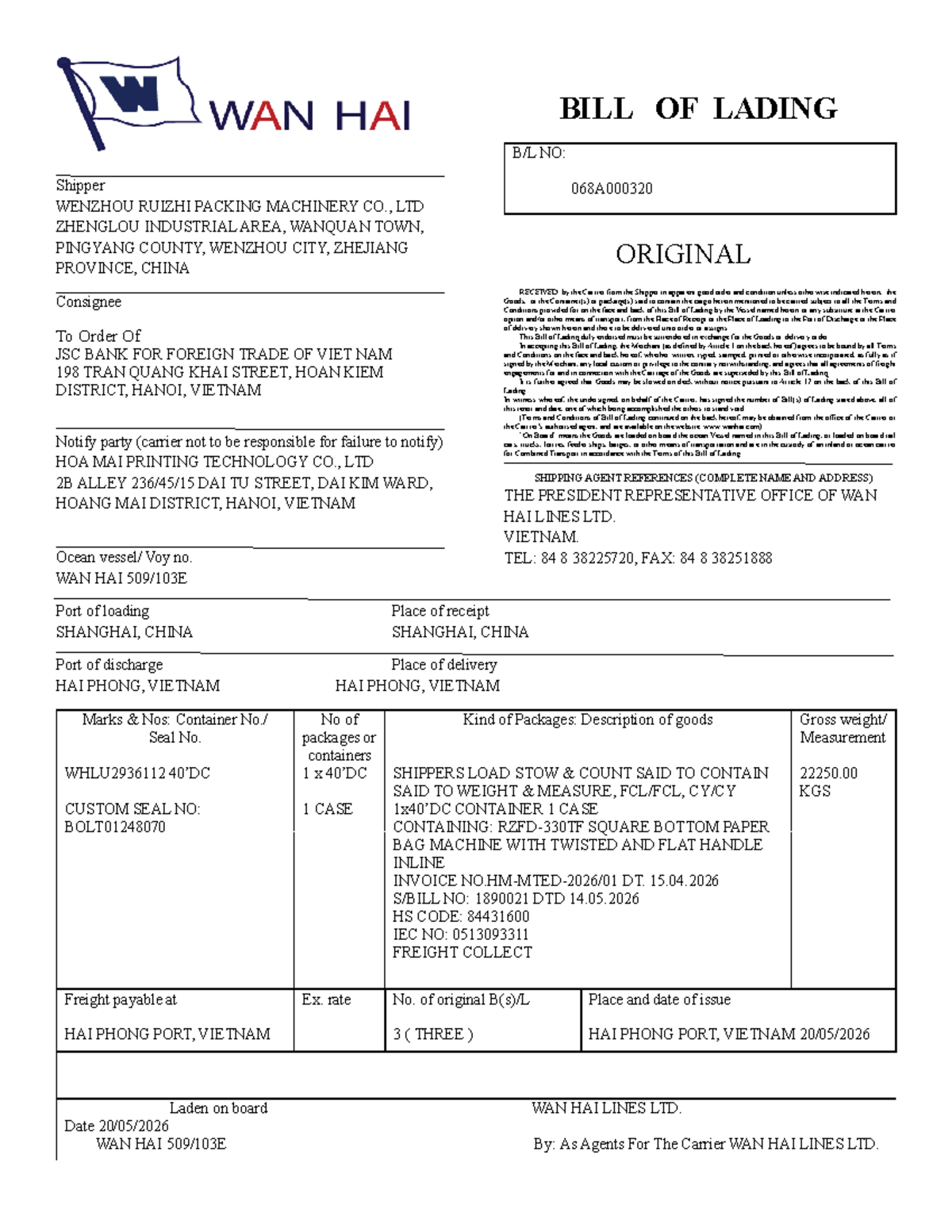 Bill of Lading No: BL-XNKN7 - Wenzhou RuiZhi Packing Machinery - Studocu