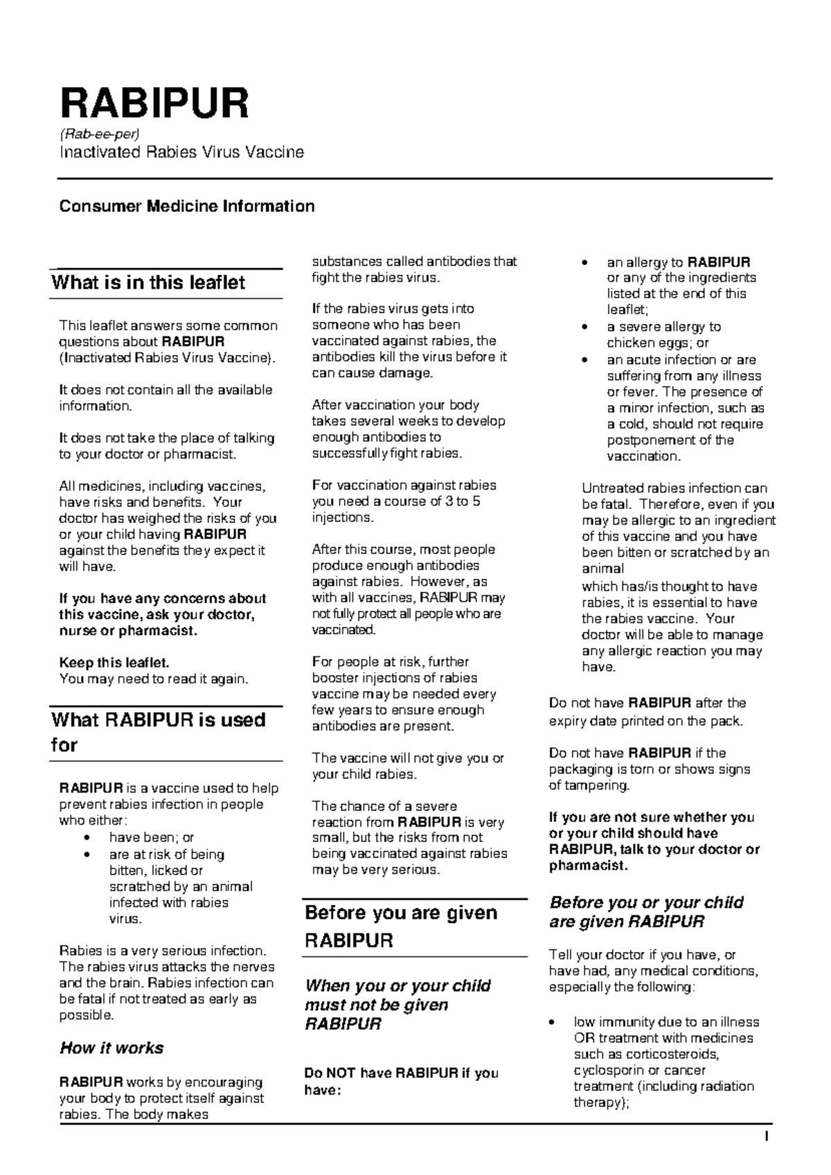 RABIPUR Vaccine: Consumer Medicine Info and Guidelines - Studocu