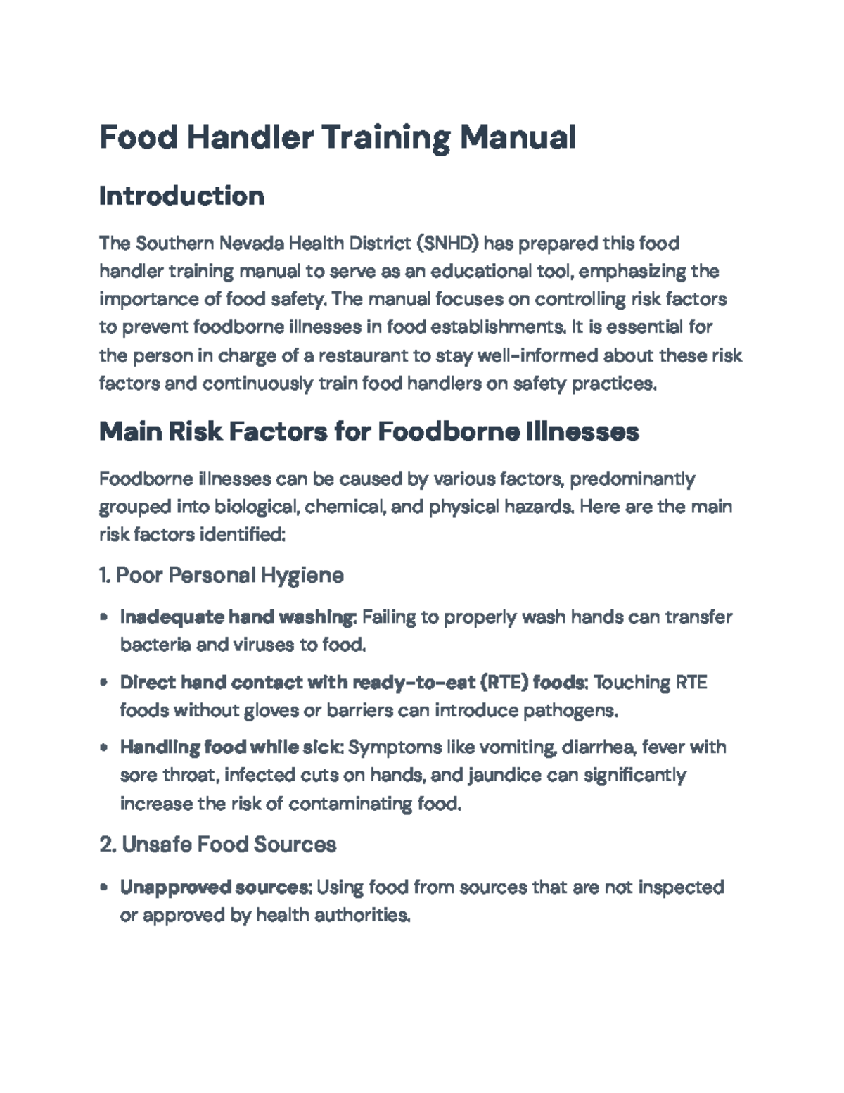 Food Safety Best Practices: Food Handler Training Manual (SNHD) - Food ...