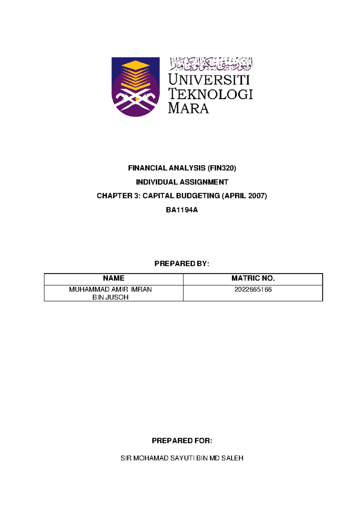 FIN320 Individual Assignment: Capital Budgeting Analysis (Chapter 3 ...